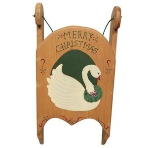 Vintage Wooden Hand Painted Merry Christmas Goose Sleigh Sled Wall Hanging